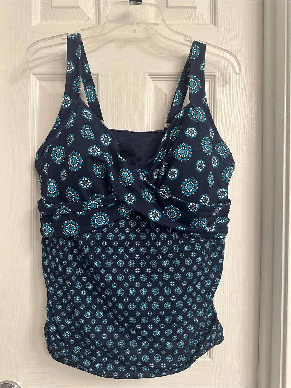 Lands' End Navy Tankini Top with Teal and Light Blue Medallion Print